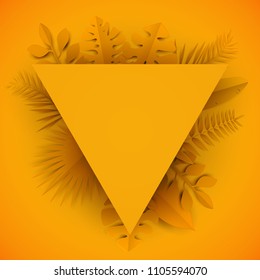 Minimal geometric background with tropical leafs in paper cut style, design for branding, advertising. Template for covers, invitations, posters, banners, flyers, placards. Vector illustration.