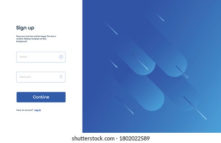 Minimal geometric background. Web page design.  Registration form page. Website template icons on blue background