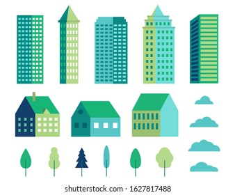 Minimal geometric buildings. Set of flat town, tree and cloud for landscape. Collection of urban houses for construction. Architecture countryside. Houses for cityscape skyline. vector illustration