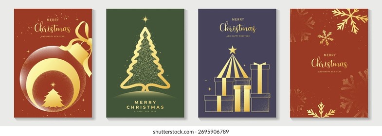 Minimal geometric Christmas card vector pack with tree, bauble and gift box designs, ideal for modern greeting cards, festive invitations and seasonal decorations