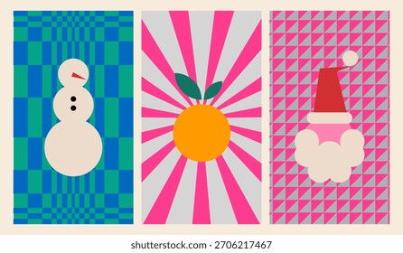 Minimal geometric Christmas vertical template for social media with bold backgrounds and abstract holiday symbols: snowman, orange, Santa Claus. Perfect for advent calendars, greetings, posters