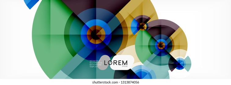 Mínimos círculos geométricos y triángulos de fondo abstracto, diseño tecno moderno, plantilla de afiche, diseño vectorial