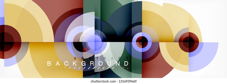Mínimos círculos geométricos y triángulos de fondo abstracto, diseño tecno moderno, plantilla de afiche, diseño vectorial