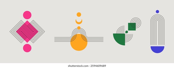 Minimal geometric composition - pink spiral square, yellow curved form, green semicircles, blue arch. Abstract mid century design elements. Simple vibrant color blocks with concentric patterns.