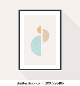 Minimal geometric composition. Semi circles with grunge texture. Black frame hanging on the wall. Vector illustration, flat design