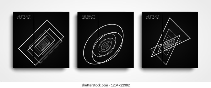 Minimal Geometric covers Design Set Clean Lines and Forms. Geometric white shapes on a black  background. Art design for your design project for brochure, leaflet, flyer, cover, catalog. 
