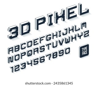 Minimal geometric cyberpunk 3D font, vector dimensional typeface in geometry minimalist cubic style, future technology simple urban engineering typography.