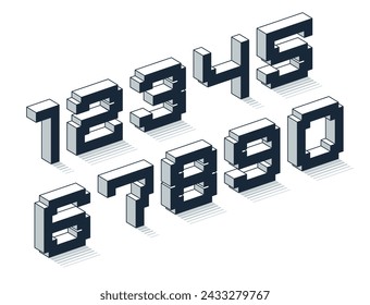 Minimal geometric cyberpunk 3D numbers, vector dimensional numerals in geometry minimalist cubic style, future technology simple urban engineering math.