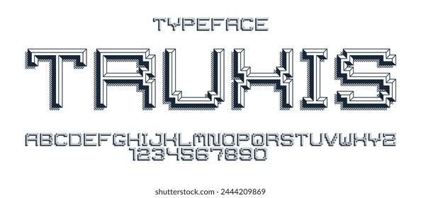 Minimal geometric cyberpunk font with facet effect, vector typeface in geometry volume style, future technology 3D urban beveled typography, alphabet letters and numbers.
