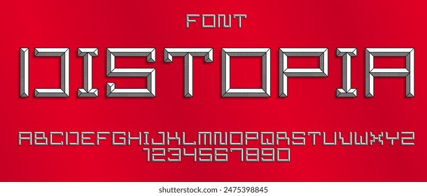 Minimal geometric cyberpunk font with facet effect, vector typeface in geometry volume style, future technology 3D urban beveled typography, alphabet letters and numbers.