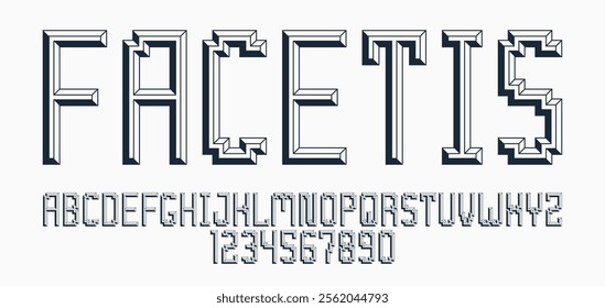 Minimal geometric cyberpunk font with facet effect, vector typeface in geometry volume style, future technology 3D urban beveled typography, alphabet letters and numbers.