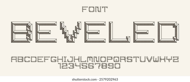 Minimal geometric cyberpunk font with facet effect, vector typeface in geometry volume style, future technology 3D urban beveled typography, alphabet letters and numbers.