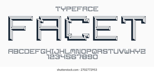 Fonte cyberpunk geométrica mínima com efeito de faceta, tipo vetorial em estilo de volume geométrico, futura tecnologia 3D urbano chanfrado tipografia, letras alfabeto e números.