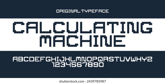 Minimal geometric cyberpunk font, vector typeface in geometry minimalist square style, future technology simple urban Neonoire typography, alphabet letters and numbers pixel style.