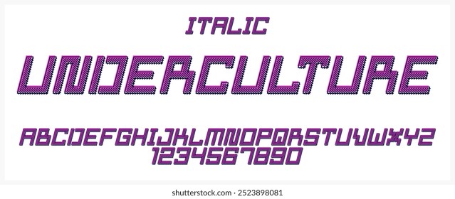 Minimal geometric cyberpunk font, vector typeface in geometry minimalist square style, future technology simple urban Neonoire typography, alphabet letters and numbers pixel style.