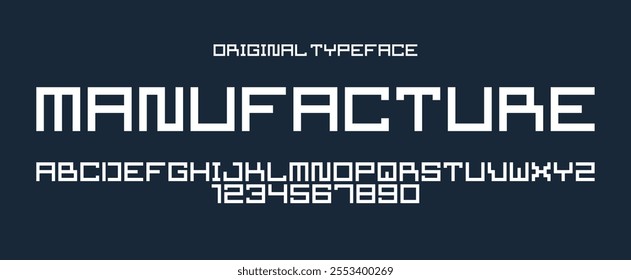 Minimal geometric cyberpunk font, vector typeface in geometry minimalist square style, future technology simple urban Neonoire typography, alphabet letters and numbers pixel style.