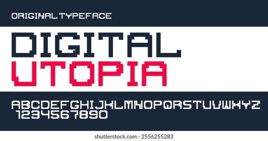 Minimal geometric cyberpunk font, vector typeface in geometry minimalist square style, future technology simple urban rectangular typography, alphabet letters and numbers high tech style.