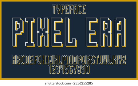 Minimal geometric cyberpunk font, vector typeface in geometry minimalist square style, future technology simple urban Neonoire typography, alphabet letters and numbers pixel style.