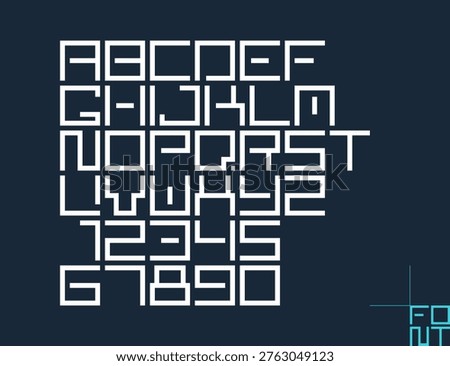 Minimal geometric cyberpunk font, vector typeface in geometry minimalist square style, future technology simple urban rectangular typography, alphabet letters and numbers high tech style.