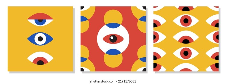 Minimal geometric design of the 20s with eyes. Bauhaus eye. Abstract vector template with elements of primitive forms, modern hipster style. 