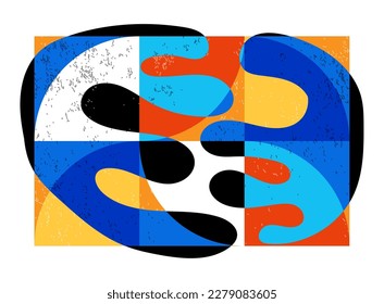 Minimal geometric design poster, risograph aesthetics, vector template with primitive shapes