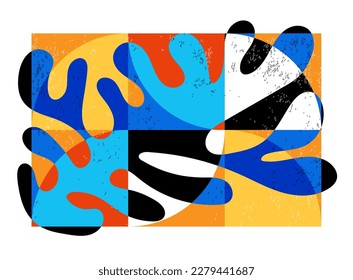 Minimal geometric design poster, risograph aesthetics, vector template with primitive shapes