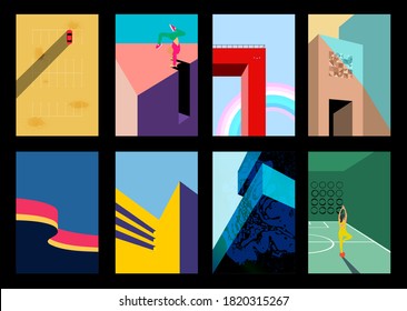 Carteles de diseño geométrico mínimo. Conjunto de arte moderno. Plantilla con elementos de formas primitivas, estilo hipster moderno. Ilustración vectorial. Aislado sobre fondo gris.