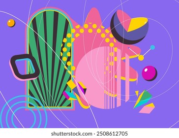 Minimal geometric elements poster design. Multicolored geometrical graphic retro theme cover. Vintage abstract shapes template for poster banner.