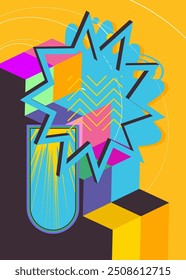 Minimal geometric elements poster design. Multicolored geometrical graphic retro theme cover. Vintage abstract shapes template for poster banner.