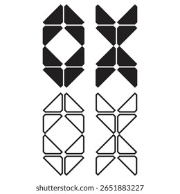 Um trabalho artístico floral geométrico mínimo com formas pétalas em negrito e traçado contornado, criando balanceamento de padrões de logotipo simétricos verticalmente.