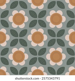 Minimal geometric floral pattern with flowers and leaves in a subtle color palette of yellow, off white, green on gray background. A seamless vector pattern. Great for home decor, fabric, wallpaper.