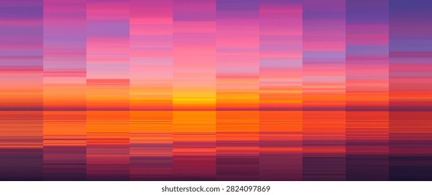 Minimal geometric gradient background with expressive horizontal bands and vibrant sunset colors. Dreamlike abstract background featuring luminous sunset gradients and layered horizontal bands. Abstract gradient horizon with glowing horizontal stripes and geometric vertical divisions. Calm atmospheric mood with modern digital aesthetics for creative design projects. Vector illustration