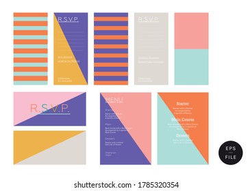 Minimal geometric graphic design template set mock up bundle of simple RSVP menu invitation layout cards collection. Cool trendy contemporary style with geometric shapes decor square stripes triangles