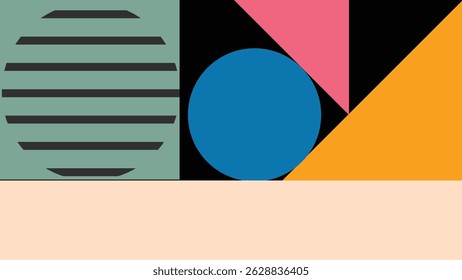 Minimal geometric illustration featuring a striped circle, blue and yellow shapes on a modern beige background. Perfect for trendy and bold creative projects.