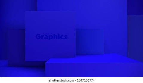 Minimal geometric interior. Vector 3d illustration. Modern studio space. Vivid blue background. Futuristic showroom concept. Stage or podium for product exposition