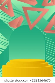 Minimal geometric light red, yellow and turquoise cylinder pedestal podium. Futuristic mockup product display. Sci-fi stage showcase for presentation. Abstract vector scene.