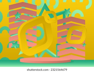Podio peatonal de cilindro mínimo geométrico rojo, amarillo y turquesa. Exhibición futurista de producto de imitación. Escaparate de teatro de Sci-fi para presentación. Escena del vector abstracto.