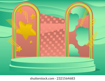 Minimal geometric light red, yellow and turquoise cylinder pedestal podium. Futuristic mockup product display. Sci-fi stage showcase for presentation. Abstract vector scene.
