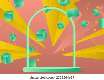 Minimal geometric light red, yellow and turquoise cylinder pedestal podium. Futuristic mockup product display. Sci-fi stage showcase for presentation. Abstract vector scene.