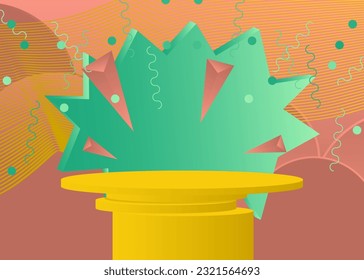Minimal geometric light red, yellow and turquoise cylinder pedestal podium. Futuristic mockup product display. Sci-fi stage showcase for presentation. Abstract vector scene.