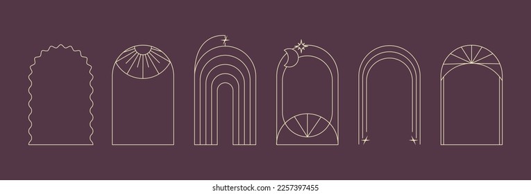 Minimal geometric line art arch frames. Boho linear arcs for logo, icon, social media post, badge, emblem. Vector illustration isolated on purple background