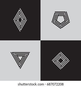 Minimal geometric logotypes. Trendy futuristic symbols. Rhombus, pentagon, square, triangle. Eps10 vector.