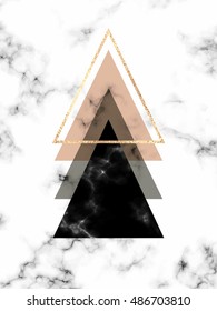 Minimal geometric marble background with gold triangles in Scandinavian style.