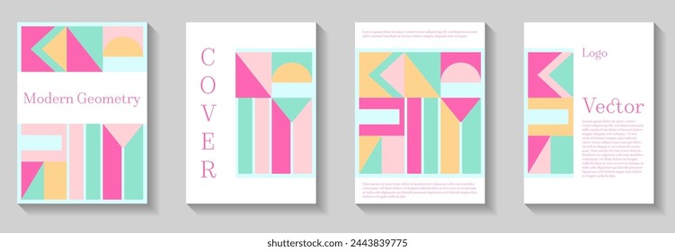 Minimal geometric pattern background covers set. Modern grid flyers with geometric shapes. Trendy bauhaus pattern backgrounds collection. Retro flat pop design. Magazine front pages.