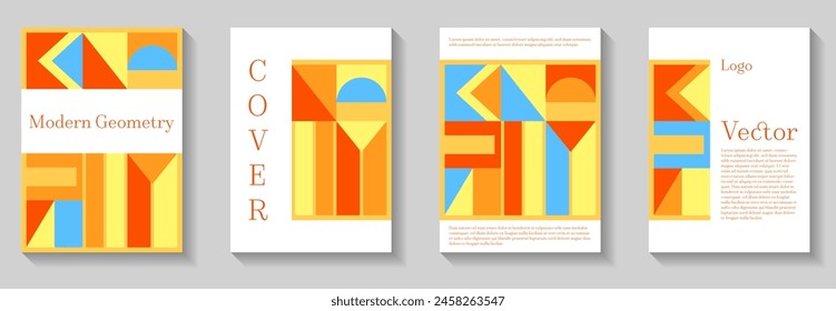 Minimal geometric pattern background covers set. Geometry grid pattern banner templates. Trendy bauhaus pattern backgrounds collection. Hipster futuristic design. Corporate report covers.