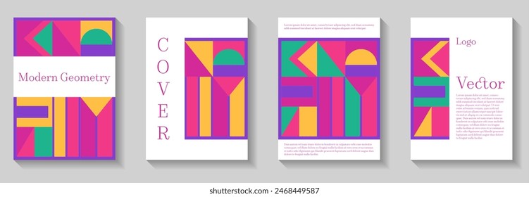 Minimal geometric pattern background covers set. Geometry grid pattern banner templates. Trendy bauhaus pattern backgrounds collection. Color neo geo posters. Corporate report covers.