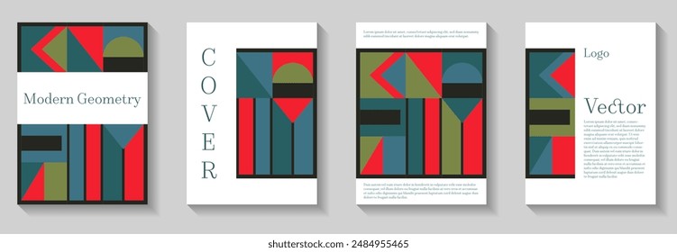 Minimal geometric pattern background covers set. Abstract shapes composition minimalist templates. Modern bauhaus pattern backgrounds collection. Annual corporate reports. Corporate report covers.