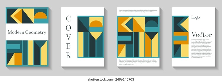 Minimal geometric pattern background covers set. Abstract shapes composition minimalist templates. Trendy bauhaus pattern backgrounds collection. Mural patterns bundle. Company identity brochures.