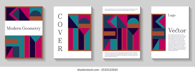 Minimal geometric pattern background covers set. Abstract circle, triangle and regtange lines art. Modern bauhaus pattern backgrounds collection. Retro flat pop design. Corporate report covers.