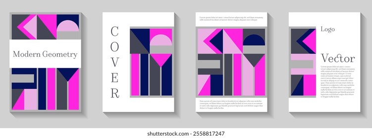Minimal geometric pattern background covers set. Abstract shapes composition minimalist templates. Trendy bauhaus pattern backgrounds collection. Retro flat pop design. Vintage book covers.